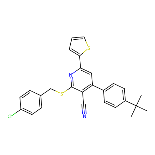4-(4-(tert-butyl)phenyl)-2-((4-chlorobenzyl)thio)-6-(thiophen-2-yl)nicotinonitrile structure
