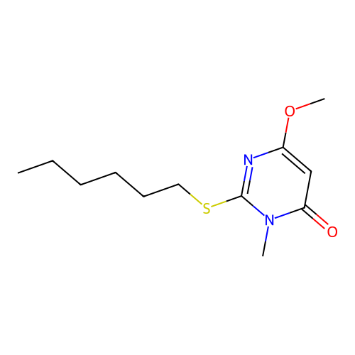 2-(hexylthio)-6-methoxy-3-methylpyrimidin-4(3H)-one structure