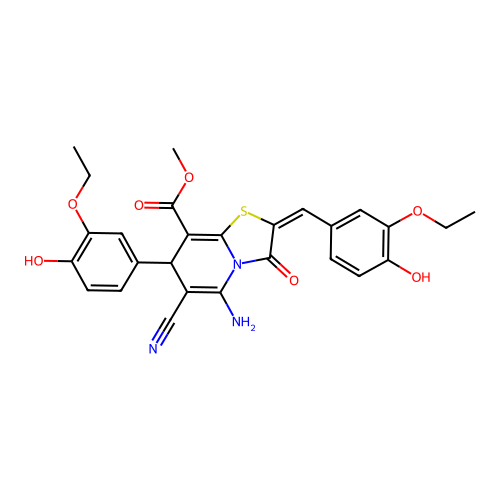 (E)-methyl 5-amino-6-cyano-2-(3-ethoxy-4-hydroxybenzylidene)-7-(3-ethoxy-4-hydroxyphenyl)-3-oxo-3,7-dihydro-2H-thiazolo[3,2-a]pyridine-8-carboxylate structure