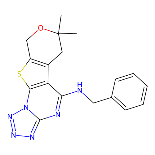 N-benzyl-7,7-dimethyl-6,9-dihydro-7H-pyrano[4',3':4,5]thieno[3,2-e]tetrazolo[1,5-a]pyrimidin-5-amine structure