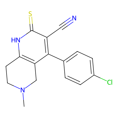 4-(4-chlorophenyl)-6-methyl-2-thioxo-1,2,5,6,7,8-hexahydro-1,6-naphthyridine-3-carbonitrile structure