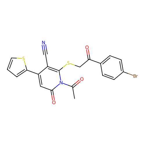 1-acetyl-2-{[2-(4-bromophenyl)-2-oxoethyl]sulfanyl}-6-oxo-4-(thiophen-2-yl)-1,6-dihydropyridine-3-carbonitrile structure