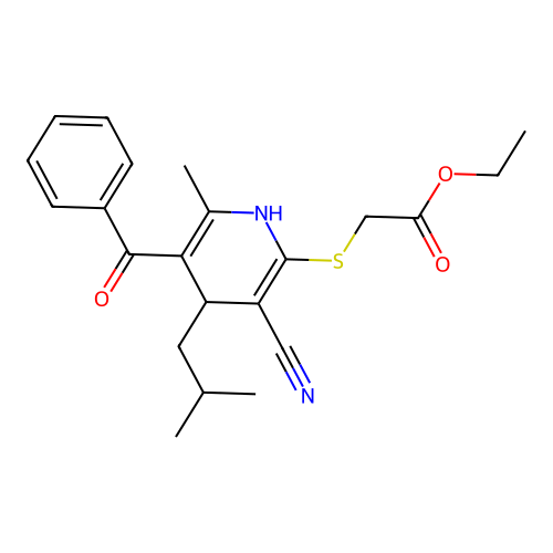 Ethyl 2-[[5-benzoyl-3-cyano-6-methyl-4-(2-methylpropyl)-1,4-dihydropyridin-2-yl]sulfanyl]acetate structure