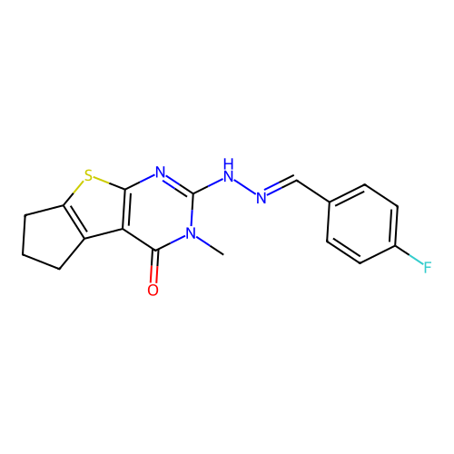 2-[(2E)-2-(4-fluorobenzylidene)hydrazinyl]-3-methyl-3,5,6,7-tetrahydro-4H-cyclopenta[4,5]thieno[2,3-d]pyrimidin-4-one structure