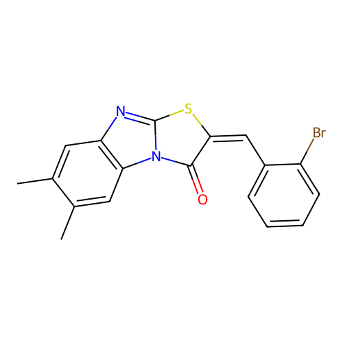 (2E)-2-(2-bromobenzylidene)-6,7-dimethyl[1,3]thiazolo[3,2-a]benzimidazol-3(2H)-one structure