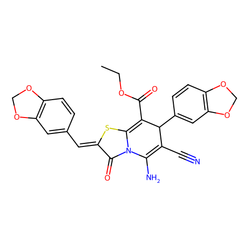 ethyl (2Z)-5-amino-7-(1,3-benzodioxol-5-yl)-2-(1,3-benzodioxol-5-ylmethylidene)-6-cyano-3-oxo-7H-[1,3]thiazolo[3,2-a]pyridine-8-carboxylate structure