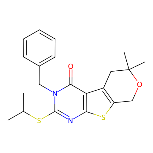 3-benzyl-6,6-dimethyl-2-(propan-2-ylsulfanyl)-3,5,6,8-tetrahydro-4H-pyrano[4',3':4,5]thieno[2,3-d]pyrimidin-4-one structure