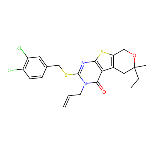 2-[(3,4-dichlorobenzyl)sulfanyl]-6-ethyl-6-methyl-3-(prop-2-en-1-yl)-3,5,6,8-tetrahydro-4H-pyrano[4',3':4,5]thieno[2,3-d]pyrimidin-4-one structure