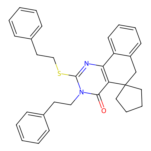 3-phenethyl-2-(phenethylthio)-3H-spiro[benzo[h]quinazoline-5,1'-cyclopentan]-4(6H)-one structure