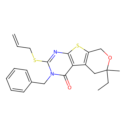 2-(allylthio)-3-benzyl-6-ethyl-6-methyl-5,6-dihydro-3H-pyrano[4',3':4,5]thieno[2,3-d]pyrimidin-4(8H)-one structure