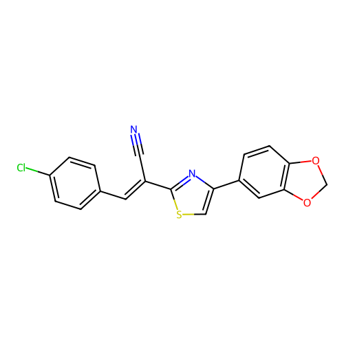 (E)-2-(4-(benzo[d][1,3]dioxol-5-yl)thiazol-2-yl)-3-(4-chlorophenyl)acrylonitrile structure