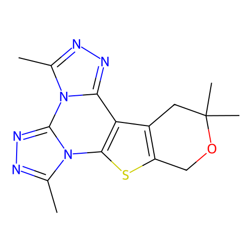 3,7,12,12-tetramethyl-12,13-dihydro-10H-pyrano[4',3':4,5]thieno[3,2-e]bis([1,2,4]triazolo)[4,3-a:4',3'-c]pyrimidine structure