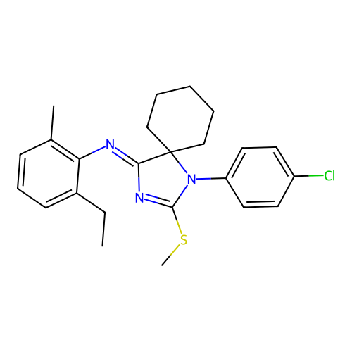 (Z)-N-(1-(4-chlorophenyl)-2-(methylthio)-1,3-diazaspiro[4.5]dec-2-en-4-ylidene)-2-ethyl-6-methylaniline structure
