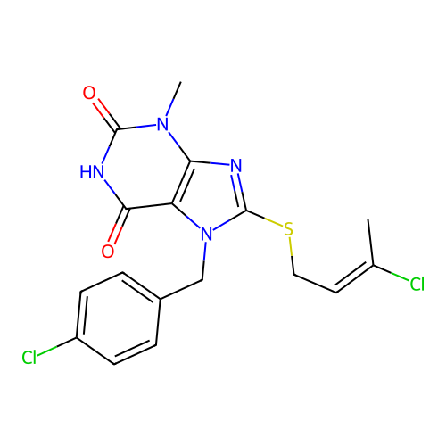 7-(4-chlorobenzyl)-8-{[(2E)-3-chlorobut-2-en-1-yl]sulfanyl}-3-methyl-3,7-dihydro-1H-purine-2,6-dione structure