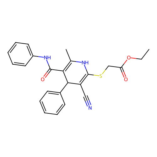 Ethyl 2-[[3-cyano-6-methyl-4-phenyl-5-(phenylcarbamoyl)-1,4-dihydropyridin-2-yl]sulfanyl]acetate structure