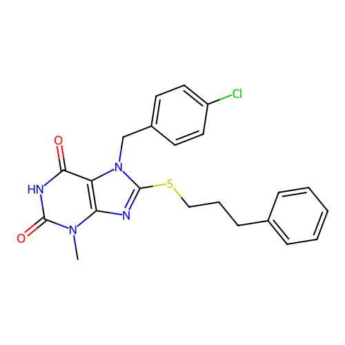 7-[(4-chlorophenyl)methyl]-3-methyl-8-(3-phenylpropylsulfanyl)purine-2,6-dione structure