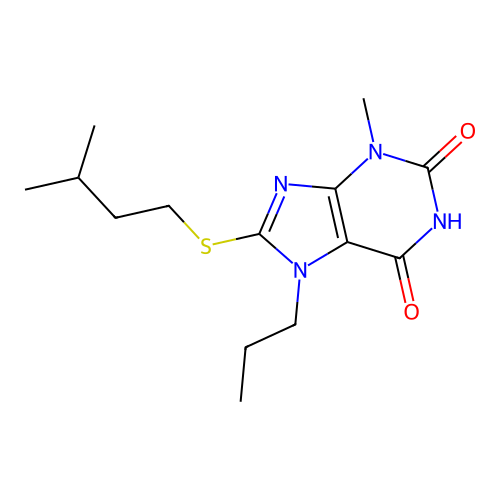 3-methyl-8-[(3-methylbutyl)sulfanyl]-7-propyl-3,7-dihydro-1H-purine-2,6-dione structure