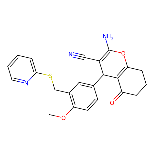 2-amino-4-{4-methoxy-3-[(pyridin-2-ylsulfanyl)methyl]phenyl}-5-oxo-5,6,7,8-tetrahydro-4H-chromene-3-carbonitrile structure