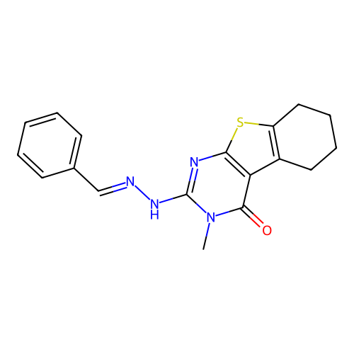 2-[(2E)-2-benzylidenehydrazinyl]-3-methyl-5,6,7,8-tetrahydro[1]benzothieno[2,3-d]pyrimidin-4(3H)-one structure