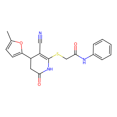 2-((3-cyano-4-(5-methylfuran-2-yl)-6-oxo-1,4,5,6-tetrahydropyridin-2-yl)thio)-N-phenylacetamide structure