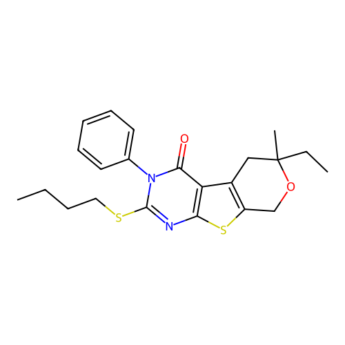 2-(butylsulfanyl)-6-ethyl-6-methyl-3-phenyl-3,5,6,8-tetrahydro-4H-pyrano[4',3':4,5]thieno[2,3-d]pyrimidin-4-one structure