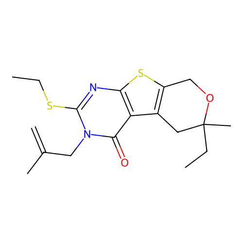 6-ethyl-2-(ethylsulfanyl)-6-methyl-3-(2-methylprop-2-en-1-yl)-3,5,6,8-tetrahydro-4H-pyrano[4',3':4,5]thieno[2,3-d]pyrimidin-4-one structure
