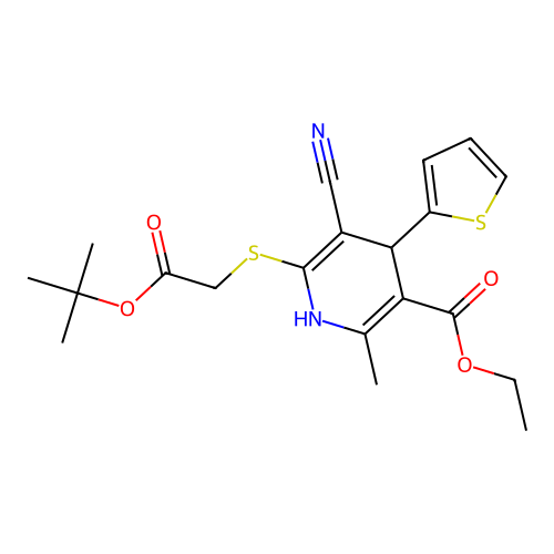 ethyl 5-cyano-2-methyl-6-[2-[(2-methylpropan-2-yl)oxy]-2-oxoethyl]sulfanyl-4-thiophen-2-yl-1,4-dihydropyridine-3-carboxylate structure
