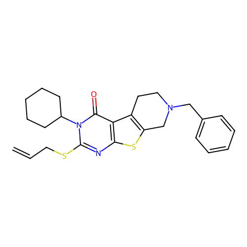 2-(allylthio)-7-benzyl-3-cyclohexyl-5,6,7,8-tetrahydropyrido[4',3':4,5]thieno[2,3-d]pyrimidin-4(3H)-one structure