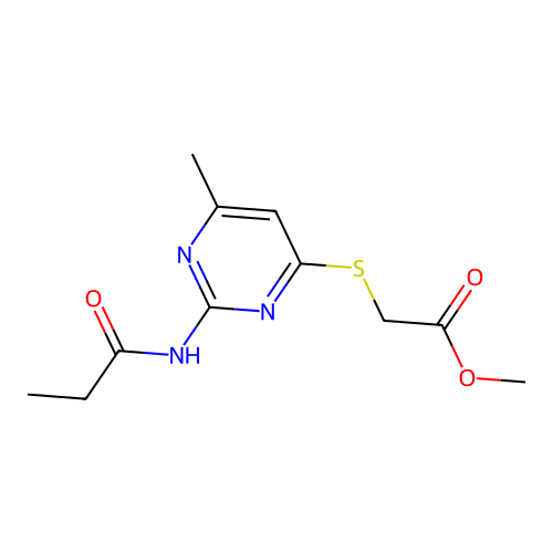 (6-Methyl-2-propionylamino-pyrimidin-4-ylsulfanyl)-acetic acid methyl ester structure