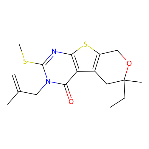 6-ethyl-6-methyl-3-(2-methylallyl)-2-(methylthio)-5,6-dihydro-3H-pyrano[4',3':4,5]thieno[2,3-d]pyrimidin-4(8H)-one structure