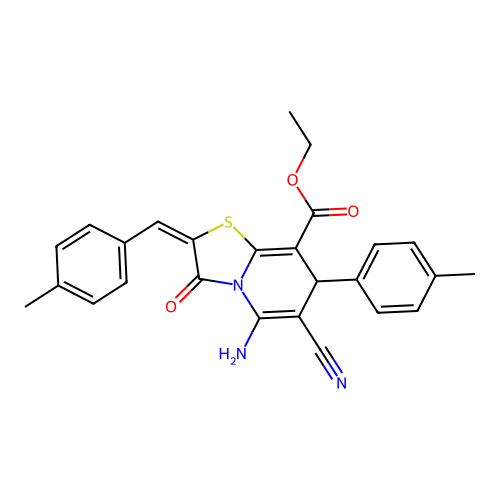(E)-ethyl 5-amino-6-cyano-2-(4-methylbenzylidene)-3-oxo-7-(p-tolyl)-3,7-dihydro-2H-thiazolo[3,2-a]pyridine-8-carboxylate structure