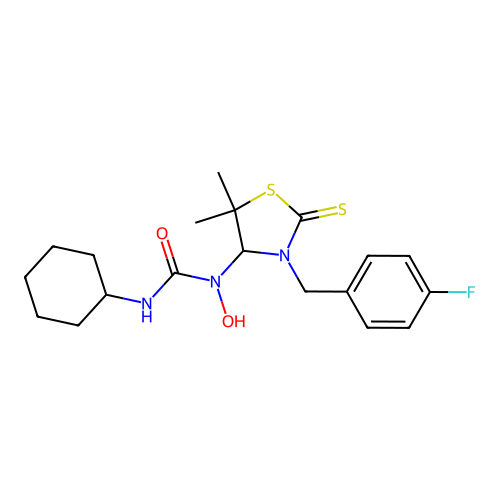 3-cyclohexyl-1-(3-(4-fluorobenzyl)-5,5-dimethyl-2-thioxothiazolidin-4-yl)-1-hydroxyurea structure