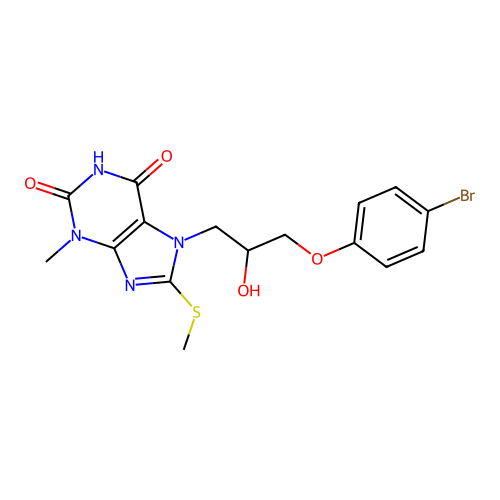 7-(3-(4-bromophenoxy)-2-hydroxypropyl)-3-methyl-8-(methylthio)-1H-purine-2,6(3H,7H)-dione structure