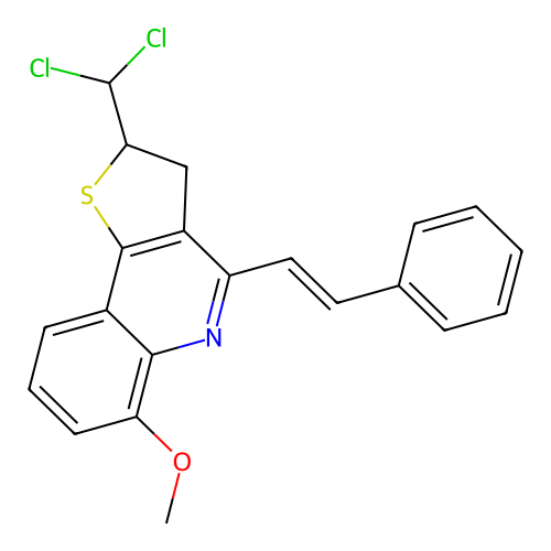(E)-2-(dichloromethyl)-6-methoxy-4-styryl-2,3-dihydrothieno[3,2-c]quinoline structure