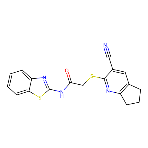 N-(1,3-benzothiazol-2-yl)-2-[(3-cyano-6,7-dihydro-5H-cyclopenta[b]pyridin-2-yl)sulfanyl]acetamide structure