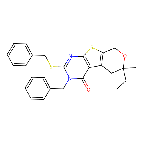 3-benzyl-2-(benzylsulfanyl)-6-ethyl-6-methyl-3,5,6,8-tetrahydro-4H-pyrano[4',3':4,5]thieno[2,3-d]pyrimidin-4-one structure
