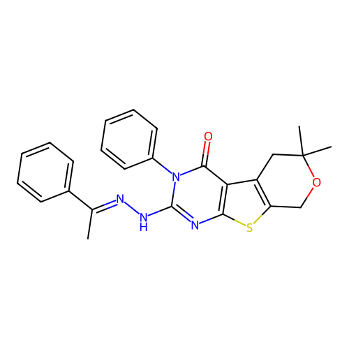 6,6-dimethyl-3-phenyl-2-[(2E)-2-(1-phenylethylidene)hydrazinyl]-3,5,6,8-tetrahydro-4H-pyrano[4',3':4,5]thieno[2,3-d]pyrimidin-4-one structure
