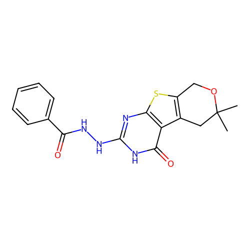 N'-(6,6-dimethyl-4-oxo-3,5,6,8-tetrahydro-4H-pyrano[4',3':4,5]thieno[2,3-d]pyrimidin-2-yl)benzohydrazide structure