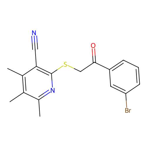 2-((2-(3-Bromophenyl)-2-oxoethyl)thio)-4,5,6-trimethylnicotinonitrile structure
