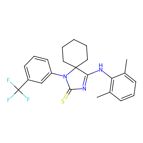 (Z)-4-((2,6-dimethylphenyl)imino)-1-(3-(trifluoromethyl)phenyl)-1,3-diazaspiro[4.5]decane-2-thione structure