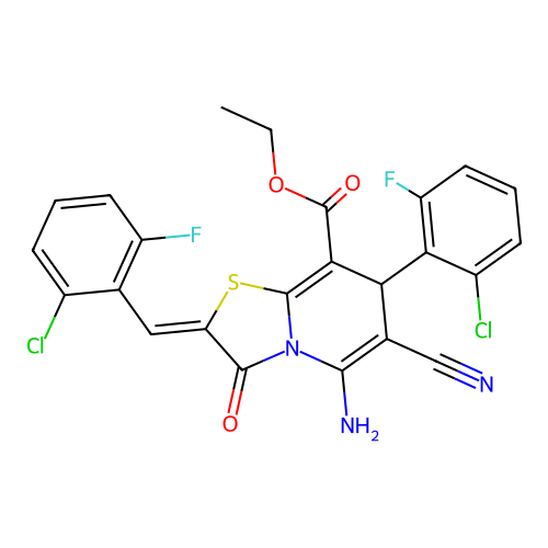 (Z)-ethyl 5-amino-2-(2-chloro-6-fluorobenzylidene)-7-(2-chloro-6-fluorophenyl)-6-cyano-3-oxo-3,7-dihydro-2H-thiazolo[3,2-a]pyridine-8-carboxylate structure