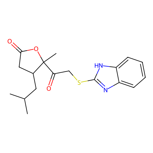 5-(2-((1H-benzo[d]imidazol-2-yl)thio)acetyl)-4-isobutyl-5-methyldihydrofuran-2(3H)-one structure