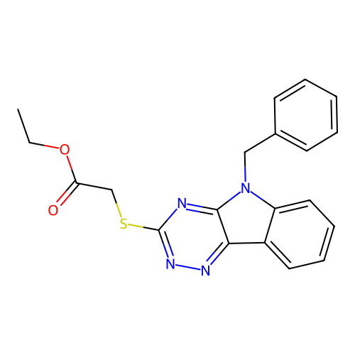 ethyl [(5-benzyl-5H-[1,2,4]triazino[5,6-b]indol-3-yl)sulfanyl]acetate structure