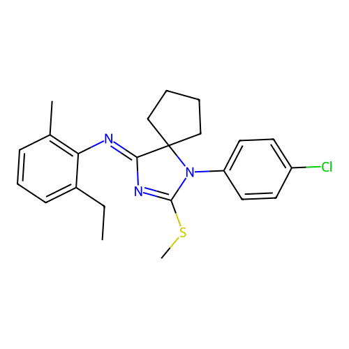(Z)-N-(1-(4-chlorophenyl)-2-(methylthio)-1,3-diazaspiro[4.4]non-2-en-4-ylidene)-2-ethyl-6-methylaniline structure