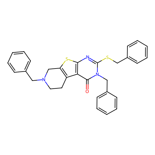 3,7-dibenzyl-2-(benzylsulfanyl)-5,6,7,8-tetrahydropyrido[4',3':4,5]thieno[2,3-d]pyrimidin-4(3H)-one structure