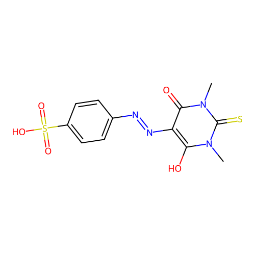 4-[2-(1,3-dimethyl-4,6-dioxo-2-thioxotetrahydropyrimidin-5(2H)-ylidene)hydrazinyl]benzenesulfonic acid structure