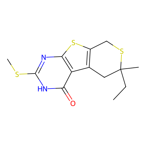 6-ethyl-6-methyl-2-(methylthio)-5,6-dihydro-3H-thiopyrano[4',3':4,5]thieno[2,3-d]pyrimidin-4(8H)-one structure