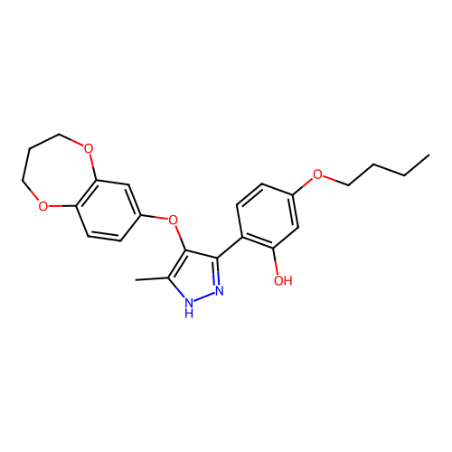 (6E)-3-butoxy-6-[4-(3,4-dihydro-2H-1,5-benzodioxepin-7-yloxy)-5-methyl-1,2-dihydropyrazol-3-ylidene]cyclohexa-2,4-dien-1-one structure