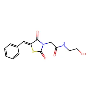 2-[(5E)-5-benzylidene-2,4-dioxo-1,3-thiazolidin-3-yl]-N-(2-hydroxyethyl)acetamide structure