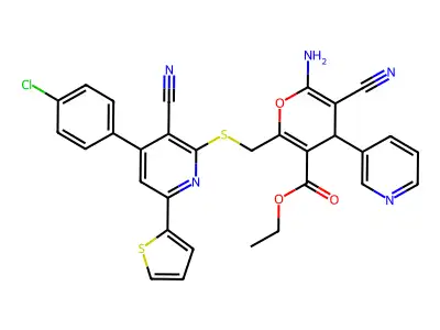 ethyl 6-amino-2-({[4-(4-chlorophenyl)-3-cyano-6-(thiophen-2-yl)pyridin-2-yl]sulfanyl}methyl)-5-cyano-4-(pyridin-3-yl)-4H-pyran-3-carboxylate structure